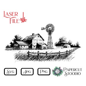 May include: Black and white line art illustration of a farmhouse with a windmill, a fence, and tall grass. The farmhouse has a large barn and a smaller building next to it. The windmill has a large, round blade structure. The fence is made of wooden rails and posts. The grass is tall and flowing in the wind.
