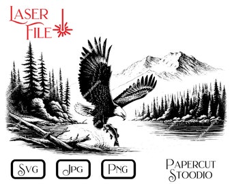 May include: Black and white line art illustration of an eagle with outstretched wings catching a fish in its talons. The eagle is flying over a river with a mountain range in the background. The scene is surrounded by trees.