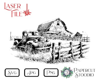 Può includere: Illustrazione in bianco e nero di un camioncino vintage parcheggiato davanti a un fienile con una recinzione in legno. Il camioncino ha un cassone e una cabina grande e aperta. Il fienile ha un grande portone aperto e una piccola finestra. La recinzione è fatta di binari e pali di legno.