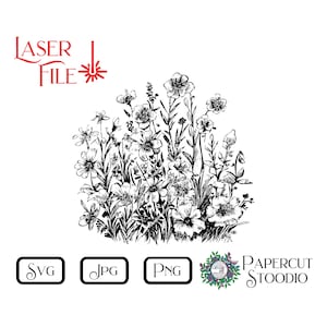 Lasergravur Datei, Wilde Blumen SVG, Png Jpeg Frühling Gartenblumen Rustikales Gartenschild LightBurn GlowForge personalisierte Geschenke