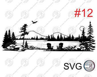 Lake Scene Adirondack Chairs Campfire Svg Files, Lake And Forest Scene Svg Files For DIY T-shirt, Sticker, Mug, Wood Signs
