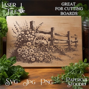 May include: A laser cut design of a wooden fence with a wheel and flowers. The design is on a light brown wooden cutting board. The text "GREAT FOR CUTTING BOARDS" is at the top of the image.