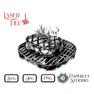 May include: Black and white line art illustration of a steak on a grill with rosemary sprigs and steam rising from the steak.