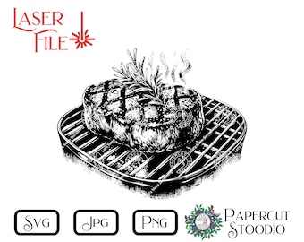 Lasergraveerbestand, rozemarijn steak op grill Svg, LightBurn GlowForge Xtool-bestand voor BBQ Master Dad snijplank dek borden houten geschenken
