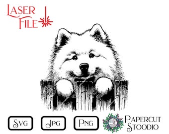 Op de afbeelding: Zwart-witte lijntekening van een Samojeed die over een houten hek kijkt. De hond heeft een pluche vacht en kijkt de kijker aan met een vriendelijke uitdrukking.