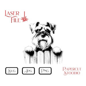 Könnte beinhalten: Schwarz-Weiß-Illustration eines Schnauzer-Hundes, der über einen Holzzaun blickt. Das Bild enthält den Text "LASER FILE" in Rot sowie SVG-, JPG- und PNG-Dateityp-Symbole. Die Worte "PAPERCUT STOODIO" sind ebenfalls vorhanden.