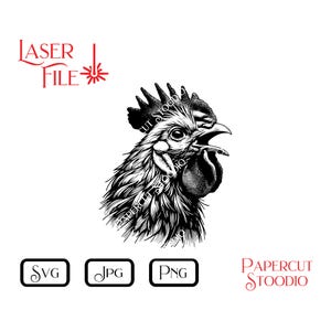 May include: Black and white illustration of a rooster's head with an open beak. The image includes the text "LASER FILE" and file type icons for SVG, JPG, and PNG. The words "PAPERCUT STOODIO" are also present.