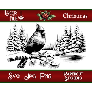 Laser Gravur Datei, Winter Lake Cardinal SVG, Png Jpg Sofortiger digitaler Download für Schilder Schneidebretter personalisierte Geschenke Urlaub Dekor