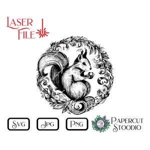 Fichier de gravure laser, écureuil cercle SVG, fichiers PNG pour menuiserie signes planches à découper sous-verres décoration d'intérieur imprimable