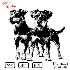 Może przedstawiać: Czarno-biała ilustracja dw&oacute;ch ps&oacute;w. Jeden pies jest w profilu, drugi patrzy do przodu. Obraz zawiera tekst "LASER FILE" oraz ikony typ&oacute;w plik&oacute;w SVG, JPG i PNG. Obecny jest r&oacute;wnież napis "PAPERCUT STOODIO".