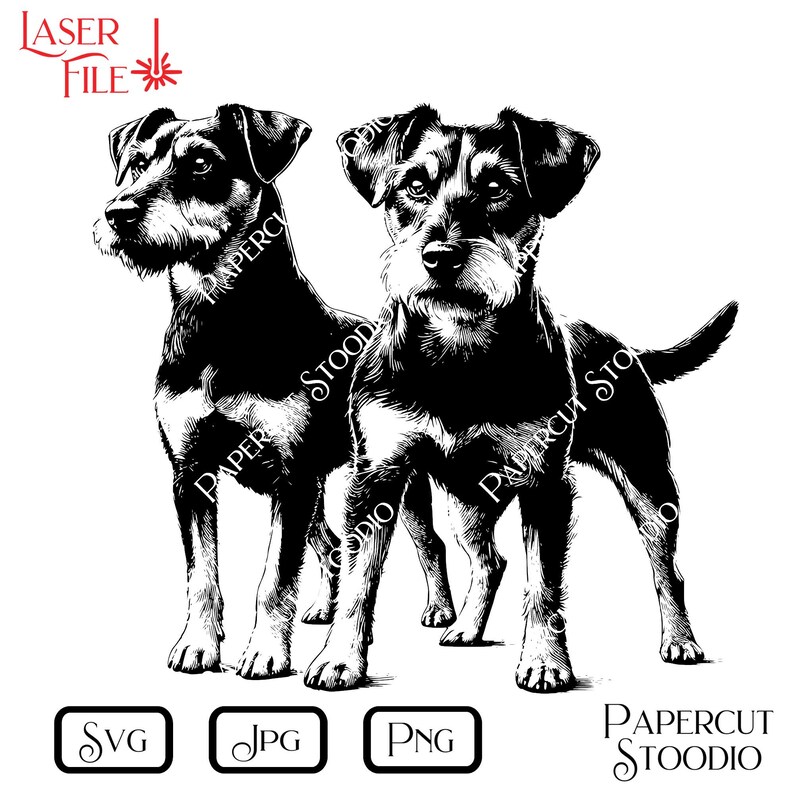 Może przedstawiać: Czarno-biała ilustracja dw&oacute;ch ps&oacute;w. Jeden pies jest w profilu, drugi patrzy do przodu. Obraz zawiera tekst "LASER FILE" oraz ikony typ&oacute;w plik&oacute;w SVG, JPG i PNG. Obecny jest r&oacute;wnież napis "PAPERCUT STOODIO".