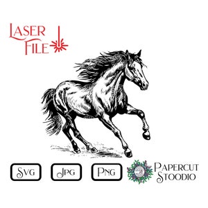 Fichier de gravure laser, cheval au galop SVG, pays équin LightBurn GlowForge, menuiserie pour panneaux planches à découper sous-verres cadeaux personnalisés