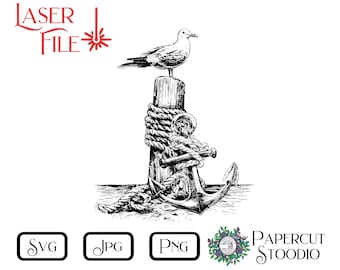 Laser Engrave File, Ocean Gull Anchor SVG, Beach Ocean Sea LightBurn GlowForge Signs Cutting Boards Beach House Signs Personalized Gifts