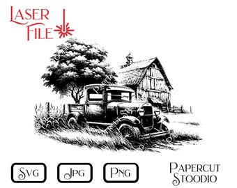 Può includere: Illustrazione in bianco e nero di un camioncino vintage parcheggiato davanti a un fienile. Il camioncino è circondato da erba alta e un albero. Il fienile ha una porta di legno e una finestra. L'immagine è una classica scena rurale.
