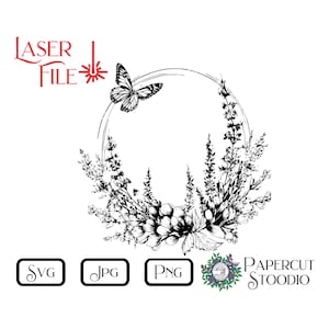 Laser Gravur Datei, Schmetterling Blumen SVG, Frühling Garten Blumen Rustikales Gartenschild LightBurn GlowForge Schneidebretter personalisierte Geschenke