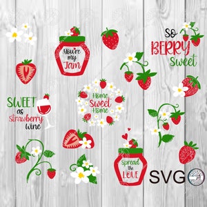 Bundle fraise SVG, Cricut vin plateau à plusieurs niveaux confiture fleurs baies déco cadeau autocollants tasses