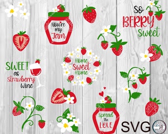 Paquete de fresas SVG, bandeja escalonada de vino Cricut, flores de mermelada, decoración de bayas, pegatinas de regalo, tazas