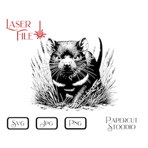 Może przedstawiać: Czarno-biała ilustracja diabła tasmańskiego w wysokiej trawie. Obraz zawiera czerwony tekst "LASER FILE" wraz z ikonami SVG, JPG i PNG. Obecne są również słowa "PAPERCUT STOODIO".