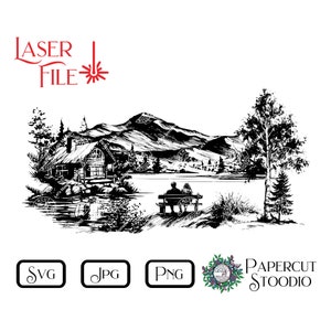 Lasergraveren bestand paar op Bench Lake SVG, LightBurn GlowForge houtverbranding DIY romantische snijplank houten bord huwelijkscadeau Home Decor