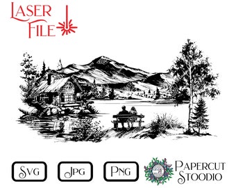 Laser Engrave File Couple on Bench Lake SVG, LightBurn GlowForge Wood Burn DIY Romantic Cutting Board Wood Sign Wedding Gift Home Decor