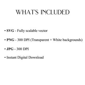 Może przedstawiać: Białe tło z tekstem "WHAT'S INCLUDED" czcionką szeryfową. Poniżej wypunktowania: SVG - W pełni skalowalny wektor, PNG - 300 DPI (Przezroczyste + białe tła), JPG - 300 DPI i Natychmiastowe pobieranie cyfrowe.