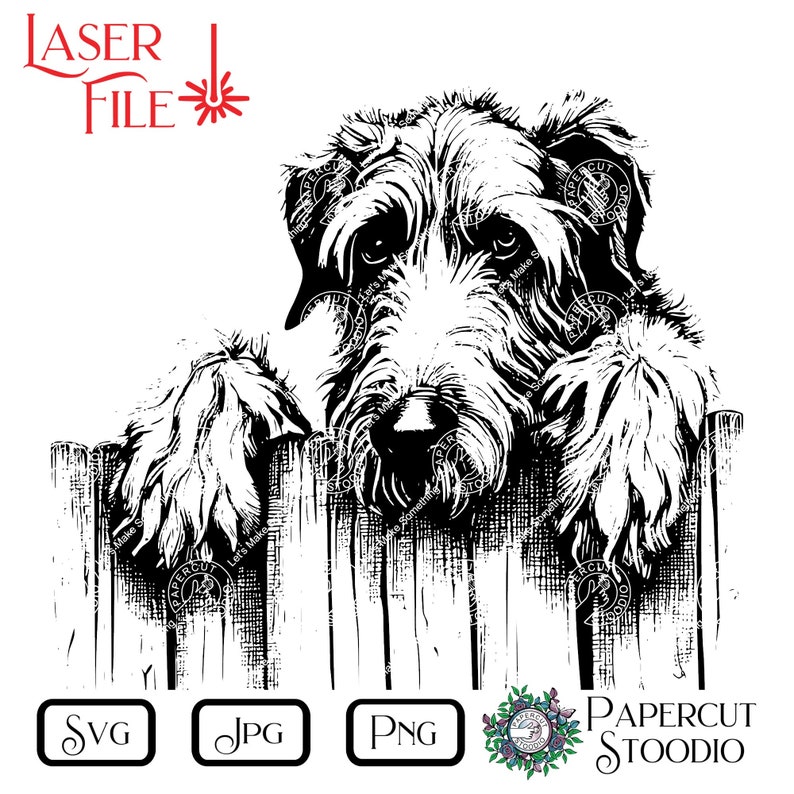 May include: Black and white illustration of a dog peeking over a wooden fence. The dog has a shaggy coat and is looking at the viewer with a curious expression.