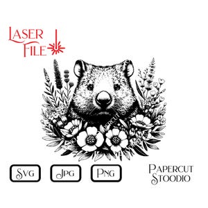 Könnte beinhalten: Schwarz-weiße Illustration eines Wombats, umgeben von Blumen. Das Bild enthält den roten Text "LASER FILE" und Dateityp-Symbole für SVG, JPG und PNG. Der Schriftzug "PAPERCUT STOODIO" ist ebenfalls vorhanden.