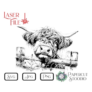 Fichier de gravure laser, SVG de clôture pour vache Highland, ferme de campagne mignonne LightBurn GlowForge, menuiserie pour panneaux, planches à découper, cadeaux personnalisés