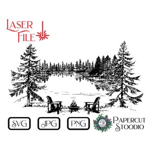 Laser Engrave File Adirondacks by Lake Svg , svg laser files laser cut Lake Chairs Campfire LightBurn Glowforge  cutting board charcuterie