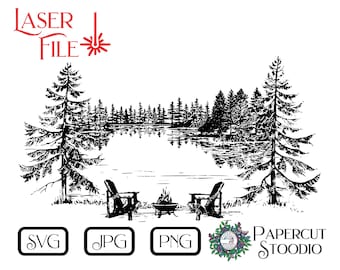 Laser Engrave File Adirondacks by Lake Svg , svg laser files laser cut Lake Chairs Campfire LightBurn Glowforge  cutting board charcuterie