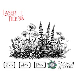 May include: Black and white line art illustration of a cluster of wildflowers, including daisies and lupines. The image is labelled "Laser File" and includes the text "Papercut Stoodio".