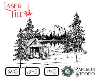 Cabin by the Lake Svg, Png Jpg Forest Mountain Laser Engraving Files For DIY Wood Sign Wine Glass Charcuterie Board Cabin Cottage