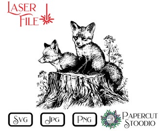 Laser Engrave File Fox Siblings SVG, LightBurn GlowForge Signs Cutting Boards Coasters for Cabin Lodge Cottage Rustic Personalized Gifts