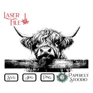 Lasergraveerbestand, Curious Highland Cow SVG, Cute Country Farm LightBurn GlowForge houtbewerking voor borden snijplanken gepersonaliseerde geschenken