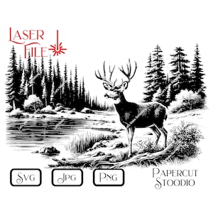 Laser Engrave File, Deer by Lake SVG, LightBurn GlowForge Signs Cutting Boards for Cabin Lodge Cottage Rustic Personalized Gifts