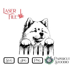 Lasergraveerbestand, witte Eurasier hond Peek SVG, DIY deurhanger hondenhek bord LightBurn GlowForge houtbewerking hond graveerbord welkom