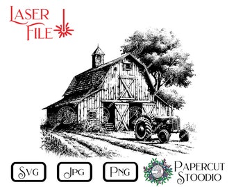 Può includere: Illustrazione in bianco e nero di un fienile con un trattore di fronte. Il fienile ha un grande portone di legno e una piccola finestra. Il trattore ha una ruota grande e una ruota più piccola sul retro. C'è un albero a destra del fienile.