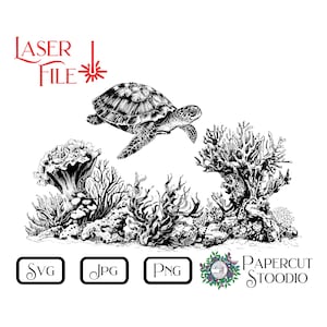 Könnte beinhalten: Schwarz-weiß-Linienzeichnung einer Meeresschildkröte, die über Korallenriffen schwimmt. Das Bild enthält den Text "LASER FILE" in Rot.