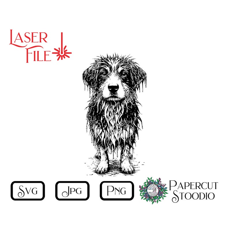 May include: Black and white line art illustration of a wet dog with a sad expression. The dog is standing with its paws on the ground and its head tilted down. The dog's fur is dripping with water.