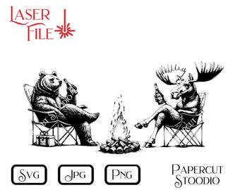 May include: Black and white illustration of a bear and a moose sitting in camping chairs around a campfire. The bear is holding a bottle of beer and the moose is holding a bottle of beer. The text "PAPERCUT STOODIO" is at the bottom of the image.