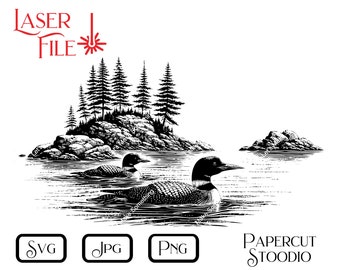 May include: Black and white illustration of two loons swimming in a lake with a small island with pine trees in the background.