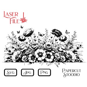 Op de afbeelding: Zwart-witte lijntekening van een boeket bloemen met vlinders. De bloemen zijn in een horizontale rij gerangschikt en omvatten rozen, pioenen en andere bloemen. De vlinders vliegen rond de bloemen.