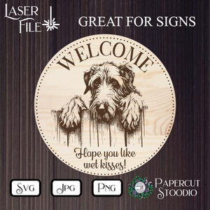 Laser Engrave File, Irish Wolfhound Dog Peek SVG, DIY Door Hanger Dog Fence Sign LightBurn GlowForge Woodworking Dog Engrave Sign Welcome image 4