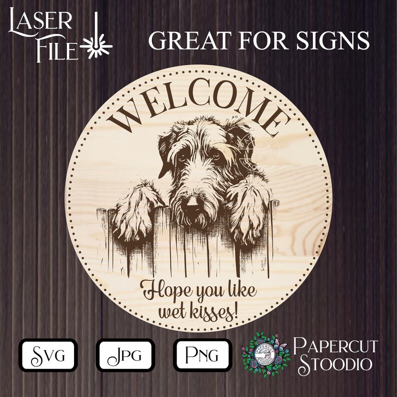 Laser Engrave File, Irish Wolfhound Dog Peek SVG, DIY Door Hanger Dog Fence Sign LightBurn GlowForge Woodworking Dog Engrave Sign Welcome image 4