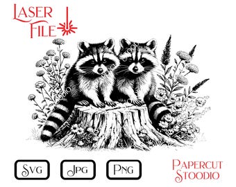 Laser Engrave File Two Raccoons SVG, LightBurn Woodworking Signs Cutting Boards Coasters for Cabin Lake Sisters Siblings Personalized Gifts