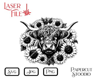 Highland Cow Sunflower Laser Engrave File SVG PNG JPG (Digital Download)