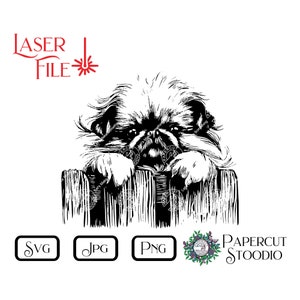 May include: Black and white illustration of a Pekingese dog peeking over a wooden fence.