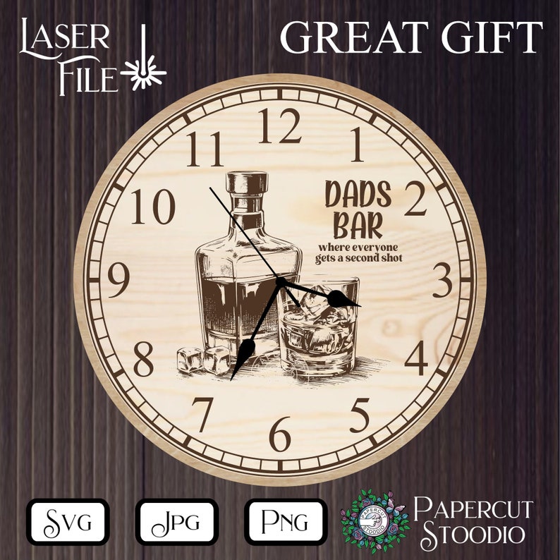May include: A wooden clock with a brown background and black numbers. The clock face features a drawing of a bottle of liquor and a glass of ice. The text on the clock face reads "Dad's Bar where everyone gets a second shot".