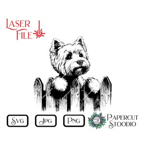 Lasergraveerbestand, West Highland Terrier Dog Peek SVG, DIY deurhanger hondenhek teken LightBurn GlowForge houtbewerking hond graveerbord