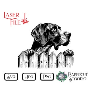 May include: Black and white illustration of a dog peeking over a wooden fence. The dog is looking up and to the right. The image is in a vintage style.